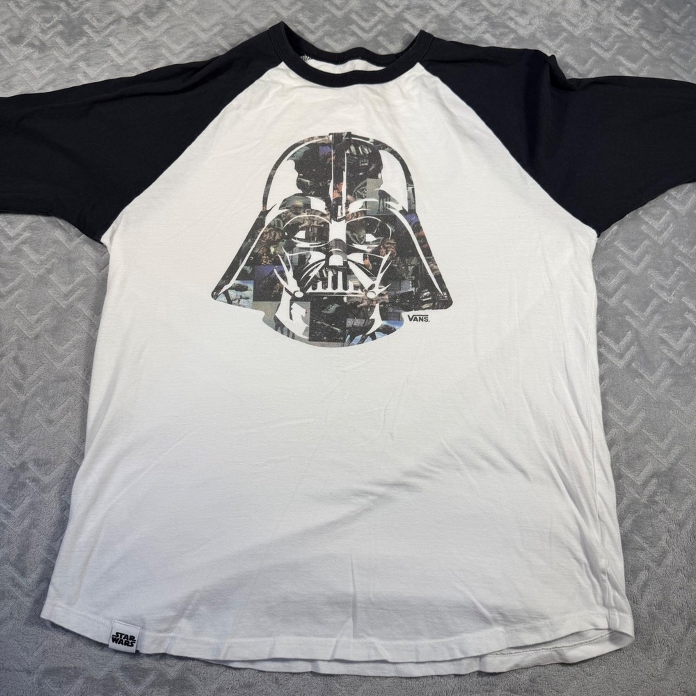 Vans Star Wars Raglan Shirt Mens Large White Black Excellent Darth Vader Collage